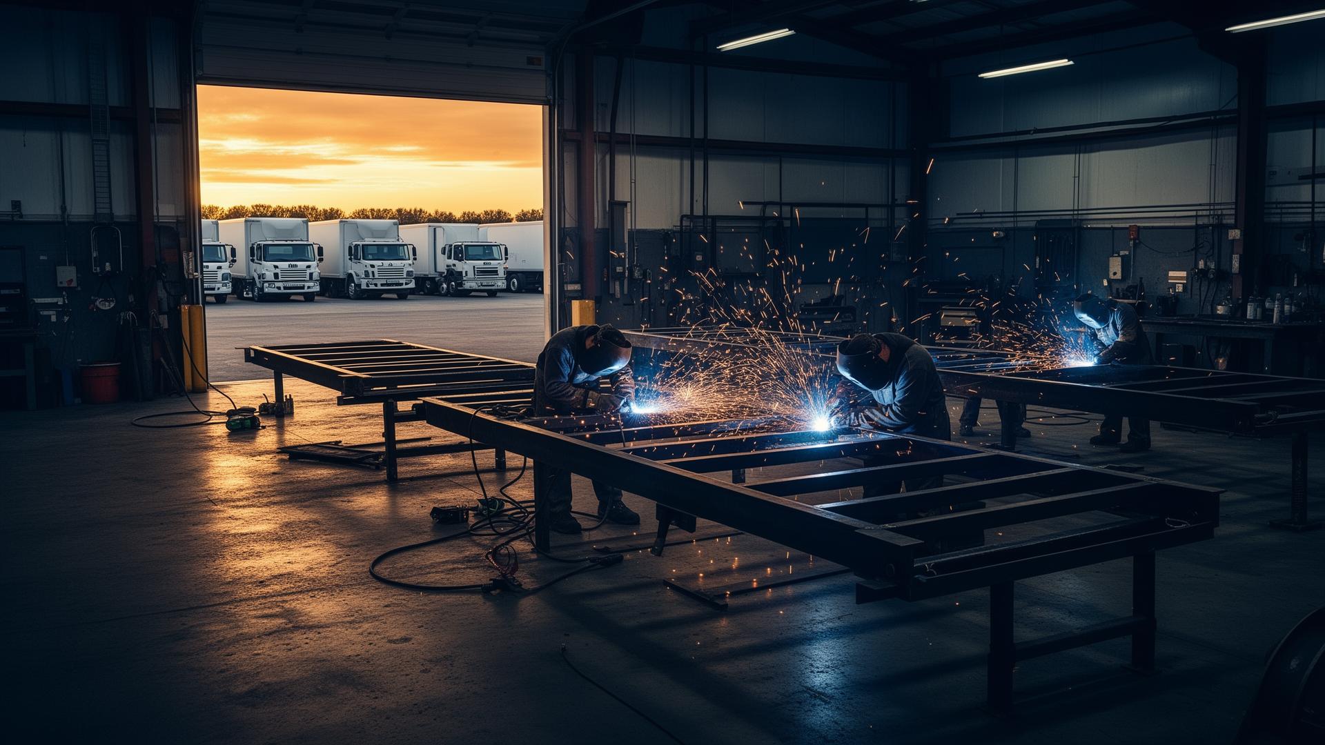 Shop floor with welders building trailer frames and fleet trucks parked at sunset